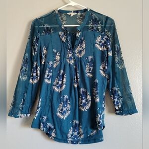 Lucky Brand Green and White Blouse with Mandarin Collar